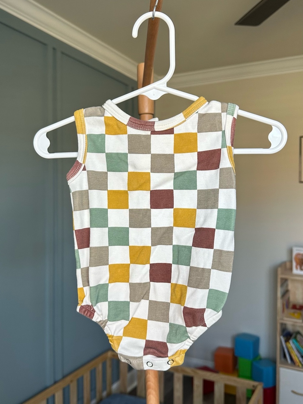 Sleeveless Checkerboard Baby Bodysuit in Mustard, Sage, Rust & Cream